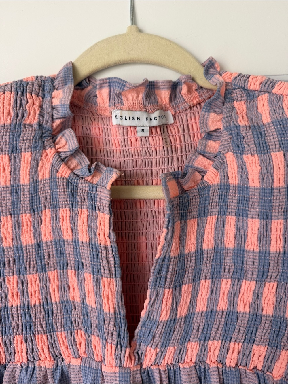 English Factory Coral and Gray Check Smocked Midi Dress - Picture 2 of 4